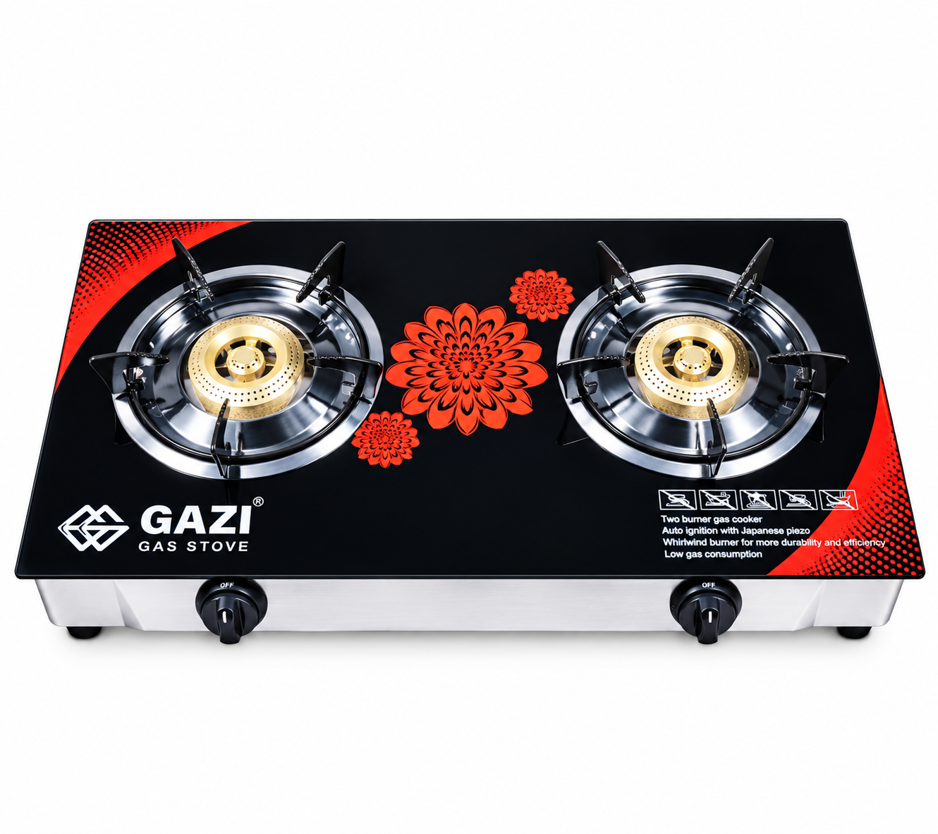 Gazi Gas Stove Double (Black and red rose ) - HTG-2888A